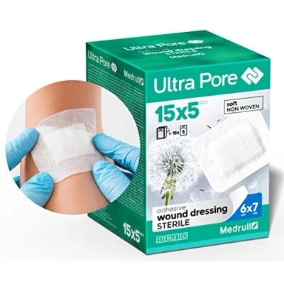 Imagen de Medrull 75 Parches Autoadhesivos de Primeros Auxilios 7x6 cm Apositos Impermeables Para Heridas Tiritas con Almohadillas Gasa Esterilizada, Piel Sensible