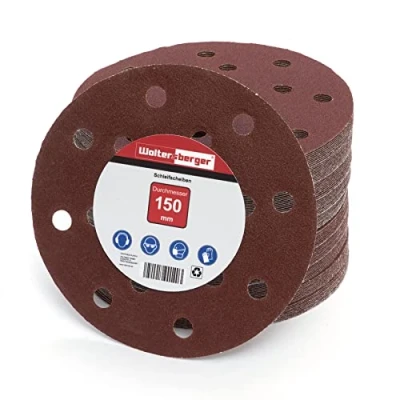 Imagen de Woltersberger® 50 piezas Papel de Lija 150 mm Papeles Abrasivos con 15 Agujeros para Lijadora Excéntrica grano P180 rojo un lijado óptimo, versátil