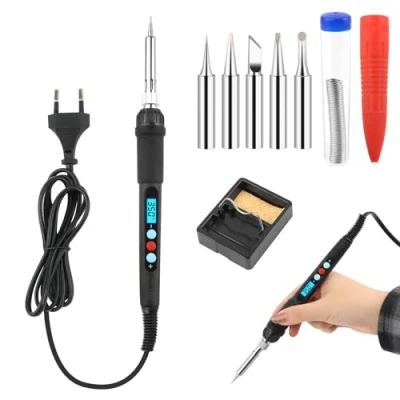 Imagen de VFANDV Soldador de Estaño, 60W Kit del Electrico Temperatura Ajustable 200 500℃ con 5 Puntas Alambre Soldadura 10g y Soporte, Estaño para el Uso Diversamente Reparado