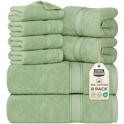Imagen de Utopia Towels Juego de Toallas Premium 8 Piezas; 2 baño, Mano y 4 toallitas Algodón Calidad del Hotel, súper Suave Altamente Absorbente (Verde Salvia)