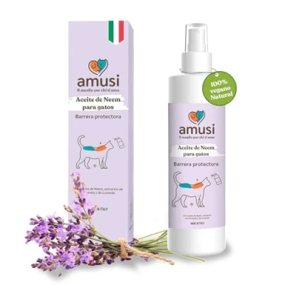 Imagen de Aceite de Neem Spray para Gatos Amusi 100 ml Made in Italy 100% Natural y Vegano antipulgas contra Insectos Pulgas Garrapatas, Mosquitos, Moscas, Ácaros Piojos