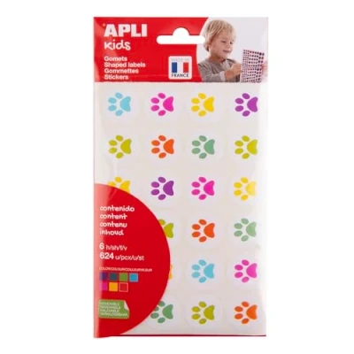 Imagen de APLI Kids 19721 Bolsa de gomets con formas huellas gatitos en colores surtidos, 6 hojas pegatinas gatito, stickers adhesivo removible.