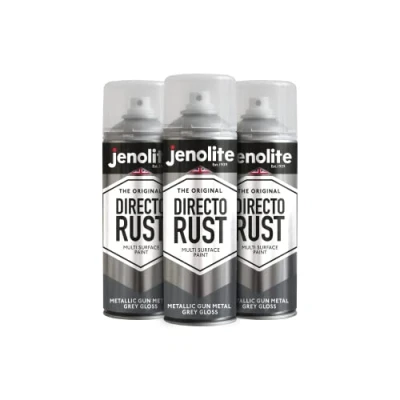 Imagen de JENOLITE Directorust Pintura Metálica Brillo GRIS METAL PISTOLA en aerosol multisuperficie Imprimador, capa base y superior todo uno 3 x 400ml