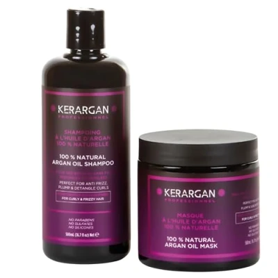 Imagen de Kerargan Dúo Disciplinante Champú &amp; Mascarilla con Aceite de Argán Para Cabello Indisciplinado, Seco Rizado Combate el Frizz Desenreda Sin Sulfato, GMO, Silicona, Mineral 2x500ml