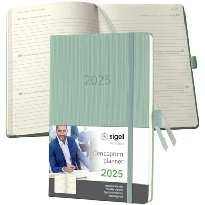 Imagen de SIGEL C2572 Conceptum Agenda semanal 2025, aprox. A5, verde, tapa dura, dos páginas = una semana, 192
