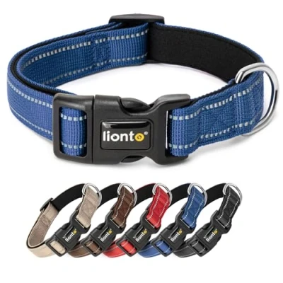 Imagen de lionto Collar de Perro Acolchado Nylon Reflectante Impermeable Ajustable, Tamaño M, Azul