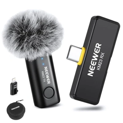 Imagen de NEEWER Sistema Micrófono Lavalier Inalámbrico para USB C, Mini Lav con Un Clic Cancelar Ruido Vlogging Transmisión, Condensador Compatible iPhone 15 Samsung Android, KM23