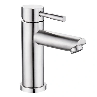 Imagen de Grifo recto monomando de acero inoxidable para agua fria y caliente con mangueras incluidas, lavabo baño