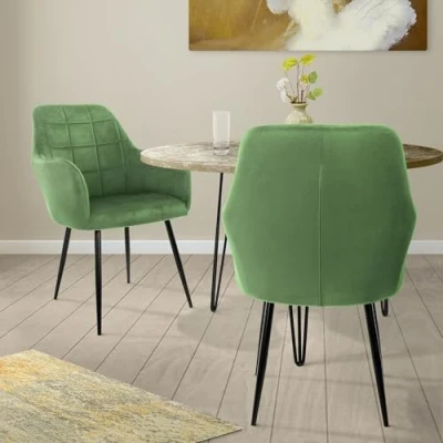 Imagen de ML Design Set 2x Sillas de Comedor Verde Salvia Asiento Moderno Tapizado Terciopelo Patas Metal Negras con Respaldo y Reposabrazos Ergonómicos Sillón para Salón Oficina Dormitorio Cocina