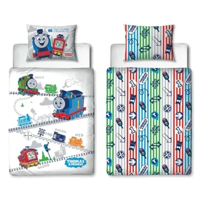 Imagen de Character World Thomas &amp; Friends Funda de edredón Oficial para Cuna Infantil All Aboard The Tank Engine Reversible 2 Caras con Almohada a Juego, polialgodón