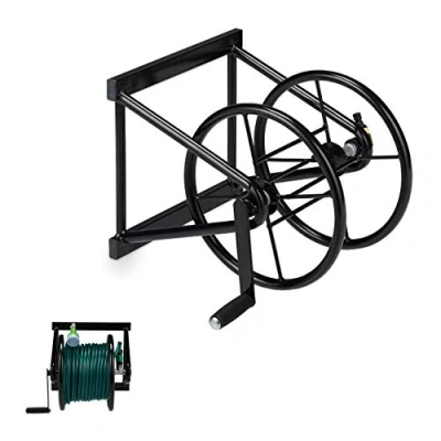 Imagen de Relaxdays Carrete de Pared para mangueras, Enrollador con manivela Mano, 60 m, Acero, 36x53x50 cm,1 Ud., Negro