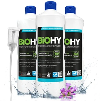 Imagen de BiOHY Limpiacristales profesional (3 botellas de 1 litro) + Dosificador Limpiador concentrado vidrios, para ventanas Limpieza optima y espejos (Fensterreiniger)