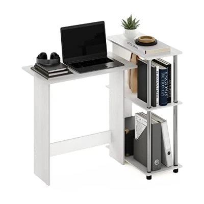 Imagen de Furinno Abbott Escritorio de Esquina con Librería, Madera ingeniería, Roble Blanco/Acero Inoxidable, 59.99 (D) x 96.90 (W) 84.99 (H) cm