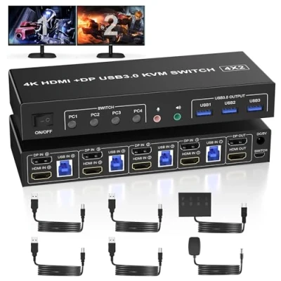Imagen de USB3.0 HDMI Displayport KVM Switch 4 PC 2 Monitores, Dual Monitor Conmutador para Computer Compartir y Salida de Micrófono Audio 3 Ports USB, Apoyo Desktop Controller