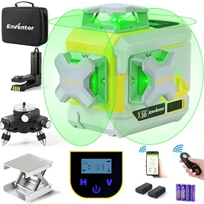Imagen de ENVENTOR 3x360 12 Líneas Nivel Láser Verde de 40M, Autonivelante 360 Grados Línea Cruzada con Control Remoto, Pantalla LCD, Soporte Rotación, Base Elevación