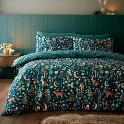 Imagen de Catherine Lansfield Enchanted Twilight Juego de Funda edredón Reversible con Fundas Almohada, Color Verde Bosque
