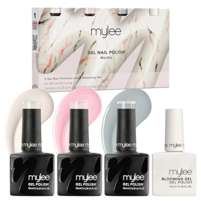 Imagen de Mylee Marble Quad 3x Esmaltes en Gel Semipermanente 10ml + 1x Blooming 15ml para Nail Art de Acuarela con Efecto Mármol, Manicura UV/LED Soak Off Salón y Casa Duradero Fácil Aplicar