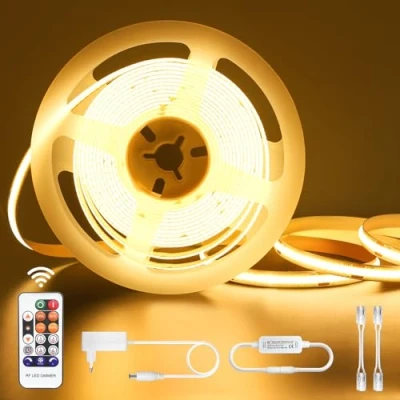 Imagen de Tira LED COB Blanco Calido 5M, Luces Regulable 24v 3000K, Luz Adhesiva Impermeable IP44 con Mando a distancia y fuente de Alimentación, Strip para Cocina, TV, Sala