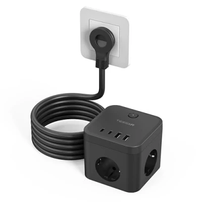 Imagen de TESSAN Regleta Enchufes con USB C PD 20W Carga Rápida, Ladron Enchufe Plano de 3 Tomas 2 y A, 3680W Interruptor Alargador 1,5M, Negro Multiple