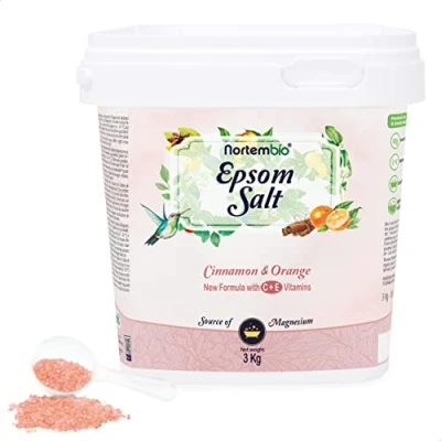 Imagen de Nortembio Sal de Epsom 3 Kg. Fragancia Canela Naranja. Baño Hidratada con Vitamina C y E. Relajación Músculos, Aromaterapia Buen Sueño. E Book Incluido.