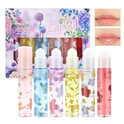 Imagen de KUIRUNRX® Brillo de Labiales Enrollable,Brillo Labios con Sabor, Aceite, Lápiz labial Líquido Brillante Transparente Hidratante para Larga Duración (Floral, 6pcs)