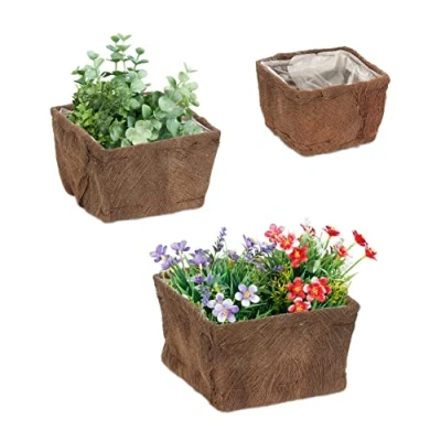 Imagen de Relaxdays Set de 3 Macetas, Fibra Coco, Cuadradas, Tamaños, Jardín, Balcón y Alféizar, Maceteros con Forro, Natural, 14,5 x 23,5 cm