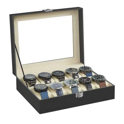Imagen de SONGMICS Caja de Relojes con 10 Compartimentos, Estuche Tapa Cristal, Cojín Extraíble, Cierre Metálico, Idea Regalo, Cuero Sintético Negro y Forro Beige JWB010