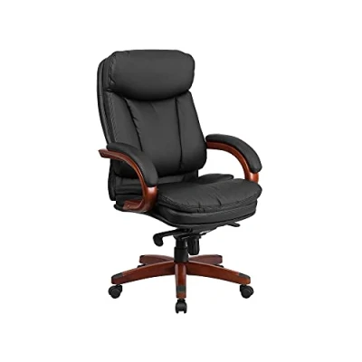 Imagen de Flash Furniture Silla ejecutiva de respaldo alto, piel, giratoria, mecanismo inclinación simultáneo, base y reposabrazos madera caoba, metal, negra, 85,09 x 67,31 41,27 cm