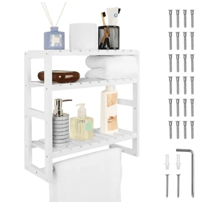 Imagen de BELLE VOUS Estanteria Baño 3 Niveles Estantes Flotantes Blanco 42 cm de Largo Set Estanterias Pared Decorativa Rústico con Toallero para Baño, Sala Estar, Dormitorio y Cocina