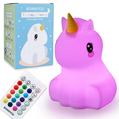 Imagen de BONNYCO Luz Nocturna Infantil Unicornio con Control Remoto y Táctil 16 Colores Lampara Bebe Temporizador Quitamiedos Silicona 100% Segura, Regalos para Niñas Niños