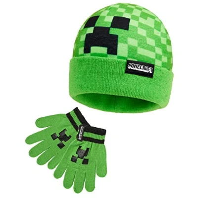 Imagen de Minecraft Conjunto Gorro y Guantes Niños 4 12 años, de Invierno Creeper, Niño, Lana Niño (Verde Juego 2 Piezas, Talla única)