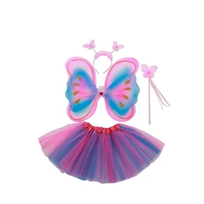 Imagen de Tante Tina Disfraz de Hadas Mariposa Alas, Falda tutú, Varita mágica y Diadema Azul/Rosa/Morado con Cintas