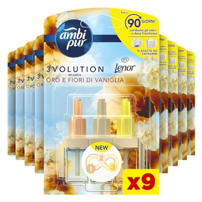Imagen de Ambi Pur 3Volution Ambientador para ambiente, oro y flores de vainilla, 9 recargas, desodorante ambiente elimina olores, hasta 90 días perfume por recarga