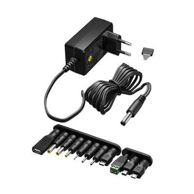 Imagen de goobay 64568 Adaptador de Fuente Universal 3V 12V, máx. 12 W/Adaptador alimentación para TV, ruter, Tiras LED/Voltaje Variable/USB C, USB A, Micro USB/Incl. 11 Conectores