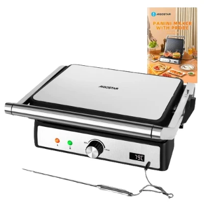 Imagen de Aigostar Grill, Parrilla Eléctrica, Panini, Tostadora, Sandwichera con Sonda de Alimentos. Placas antiadherentes extraíbles, 2000W, control automático temperatura, apertura plana 180, Max Pro