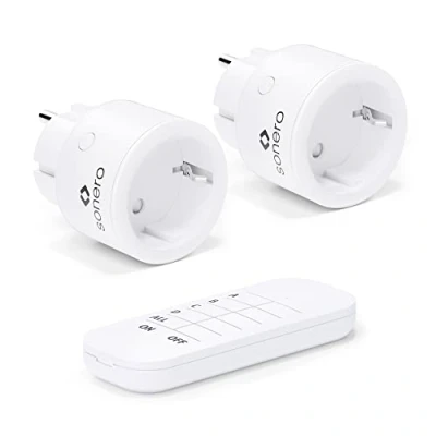 Imagen de Sonero Juego de enchufes inalámbricos 2300 vatios, 1 Mando a Distancia, 2 Tomas para Uso en Interiores, Alcance 30 m, diseño Compacto, Blanco
