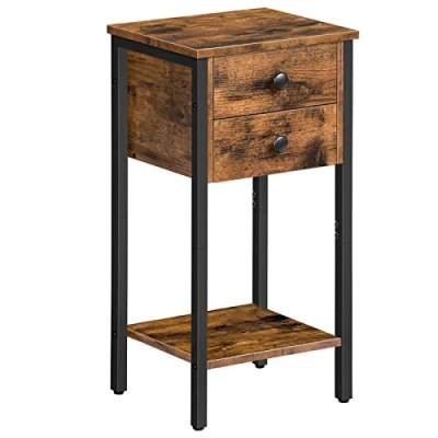 Imagen de HOOBRO Mesa Auxiliar Alta, Mesita de Noche, Sofá, Centro Salón con Cajones y Estante, Robusta Estable, Estilo Industrial, Marrón Rústico EBF72BZ01