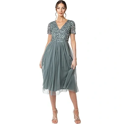 Imagen de Maya Deluxe Vestido de Noche Midi Adornado para Mujer, Cuello En V con Manga Corta Graduación, Boda Dama Honor, Verde Neblina, 38