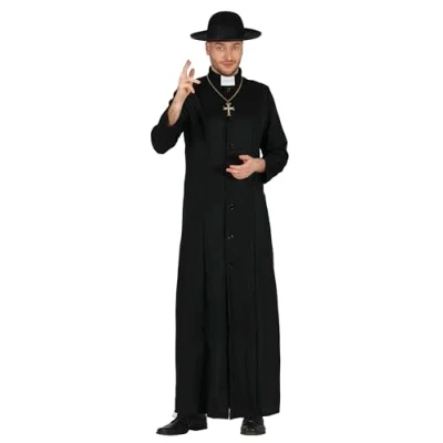 Imagen de FIESTAS GUIRCA Disfraz de sacerdote lujo para hombre, túnica negra con cuello sacerdote, talla L 52 54