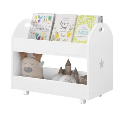 Imagen de Lestarain Estantería de Libros Infantiles, Organizador Móvil Juguetes, Librería Blanca para Niños con 2 Comportamientos, Cajonera Almacenaje, Diseño Estrellas, 49,5x30x44,5cm