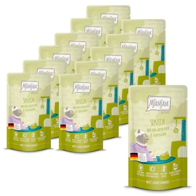 Imagen de MjAMjAM Comida húmeda Premium para Gatos Quetschie Senior Duo de Pato tierno y Conejo, 12 Pack (12x125g), sin Cereales