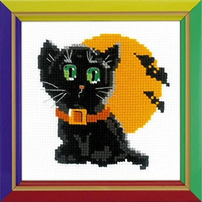Imagen de Riolis Kreuzstich Set Schwarze Katze, Zählmuster Kit de Punto Cruz, diseño Gato, Algodón, Multicolor, 15.0 x 0.1 cm