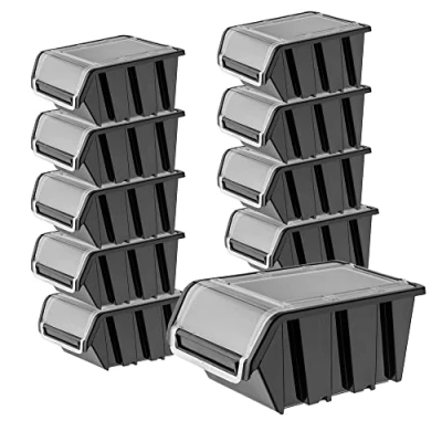 Imagen de KADAX caja apilable con tapa, de almacenamiento plástico PP, en diferentes tamaños y colores, cajas solapa para pared herramientas (negro, 10 unidades 155 x 100 mm)