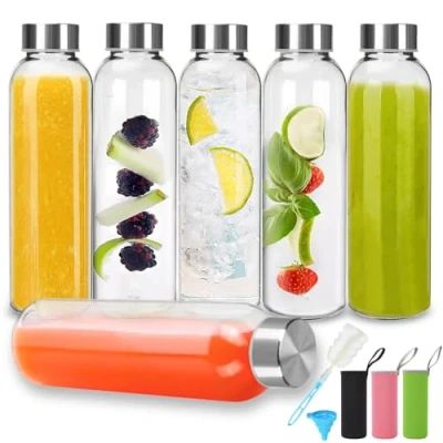 Imagen de UCAMP Botellas de Vidrio con Tapas, Cristal Reutilizable 500 ml,Pack 6,Botella Transparente para Bebidas Frías y Calientes,Zumos,Batidos,Smoothie