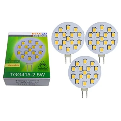 Imagen de Trango Juego de 3 bombillas LED G415 2.5 * casquillo G4 para halógenas MR16 repuesto 12 voltios AC/AC 2,5 vatios 250 lúmenes 3000 K blanco cálido, luces empotradas, techo