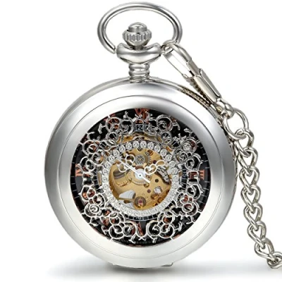 Imagen de JewelryWe Reloj de Bolsillo mecánico Cuerda Manual, clásico Retro Bronce, Pantalla Dual Hueco, Antiguo (D)