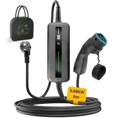 Imagen de EIDYBOX Cargador EV Tipo 2 Cable de Carga Coche Electrico 10A/16A Conmutable con Enchufe Schuko, 3.68KW, 7M Bolsa, Pantalla LCD, Wallbox Portatil para y PHEV
