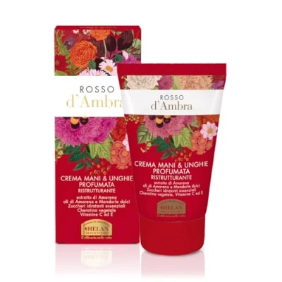 Imagen de Helan, Rojo ámbar crema perfumada reestructurante de manos y uñas para piel seca agrietada, hidratante con vitamina C E antioxidantes aceite almendras dulces reparador, 50 ml