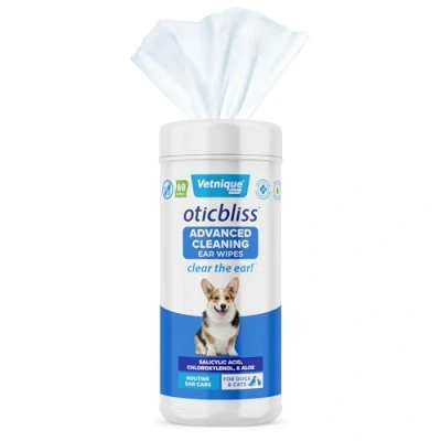 Imagen de Toallitas de Limpieza Avanzada Oticbliss para Perros y Gatos Eliminar el Olor, la Suciedad Cera con Aloe Vera calmante Vitamina E (toallitas Extra Grandes 60 CT)