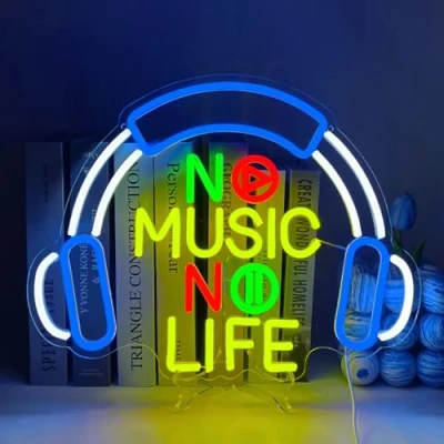 Imagen de Luces de Neón Auriculares Música Señal letrero No Life Con interruptor Alimentado por USB Decoración Pared Concierto Bar Fiesta